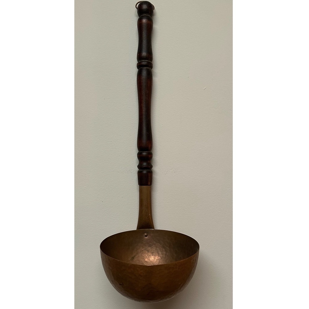 Vintage Hammered Copper Ladle Long Turned Wood Handle 18.5 Inch Rustic Decor